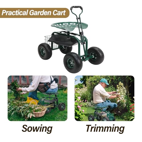 Rolling Garden Cart with Seat on Wheels Heavy Duty Support 500lb