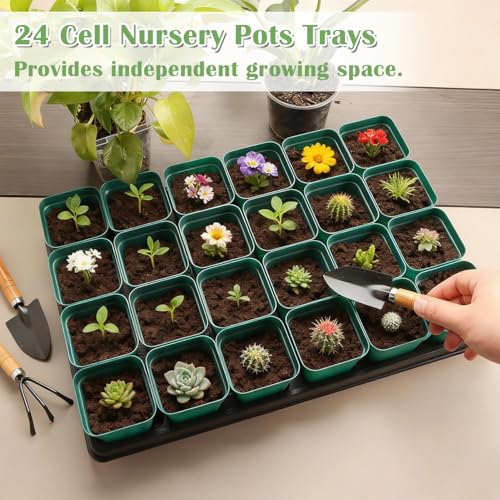 2.8 inch (7CM) Square Nursery Pots 120pcs (Green) and 24 Cell Nursery Pots Trays 5 Pack, Plastic Seedling Starter Tray with Drain Holes for Carrying and Holding Plant Pot(17"x11"x1.6") (Green / Pots 120 Pcs with 5 Pack Trays)