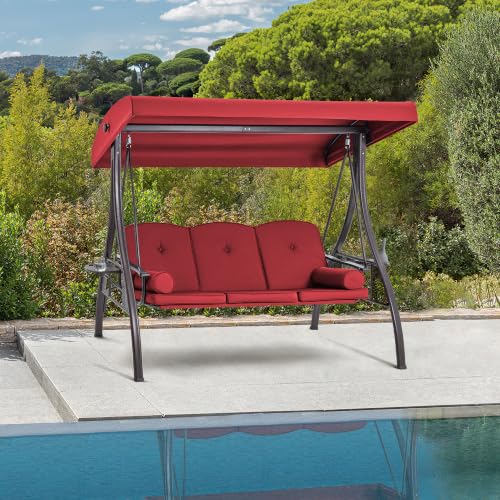 3 Seat Porch Swing with Adjustable Canopy (Wine Red)