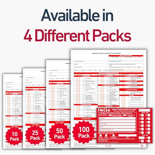 100 Pack 3 Ply Carbonless Annual Vehicle Inspection Report Forms with FMCSA Red Aluminum Adhesive Labels