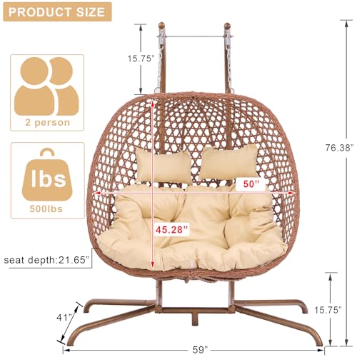 Double Swing Egg Chair with Stand (Double Seat-bronze Frame + Beige Cushion)