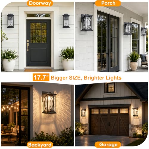 18" Extra Large Outdoor Sconce with photocell Sensor Coach Lantern Modern Large Exterior Light Fixture Waterproof Black Metal with Crack (Black-XL)