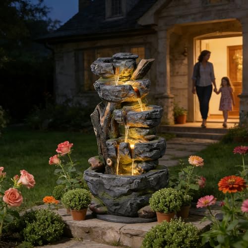 47.2" Tall Outdoor Water Fountain Large Waterfall Fountain (47.2’’H / 47.2’’h-stump&stone)