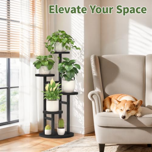 Wood Small Plant Stand Table Tall for Indoor Corner (Matte Black / 4 Tier)