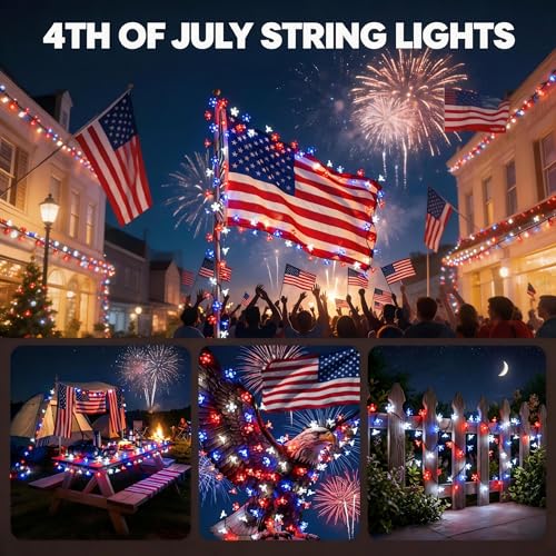 50 LED Solar Flower String Lights Outdoor Waterproof Fairy Lights (Red White&Blue / 1 Pack)