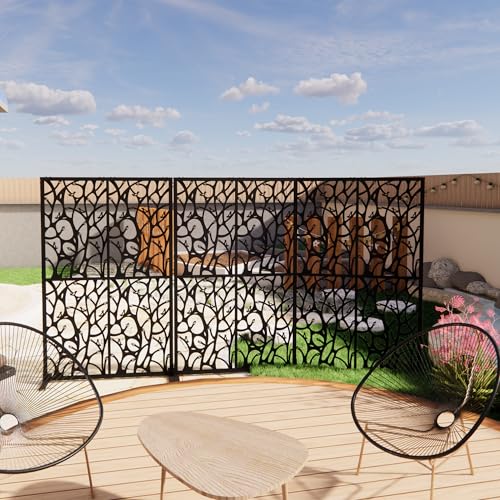 Metal Privacy Screen Outdoor W3.8Ft x H 6Ft Patio Privacy Panels Free Standing Divider Decorative for Balcony Garden Room Lawn Deck