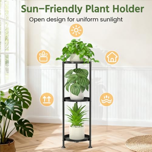 Plant Stand Indoor Tall Corner with Large Metal Tray (Standard Black / 3 Tier)