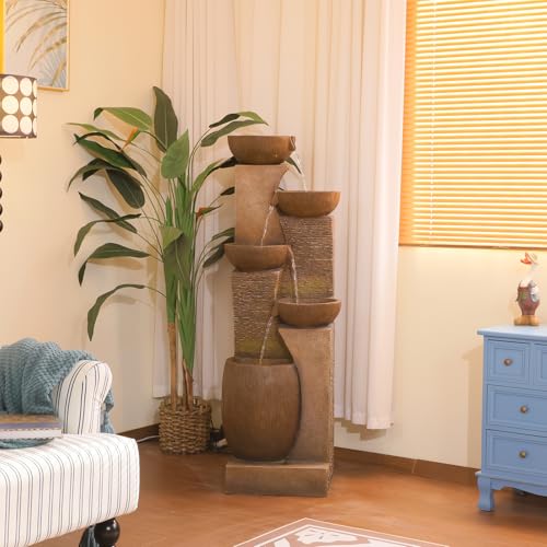 5 Tier Rustic Jar Water Fountain Outdoor with LED Lights (Brown51.4)