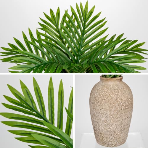 Fake Plants 15" Faux Palm Plant in a Vintage Ceramic Vase Realistic Leaves (Palm Plant)