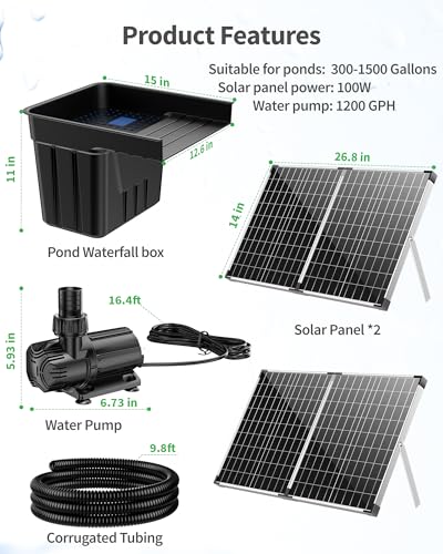 Solar Pond Waterfall with 100W Solar Panel & 1200GPH Pump (100W Solar Powered Up to 2800 Gallons)