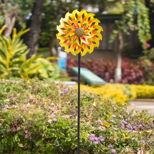 13Inch Metal Sunflower Wind Spinner Outdoor Decor with Stake (Yellow2)