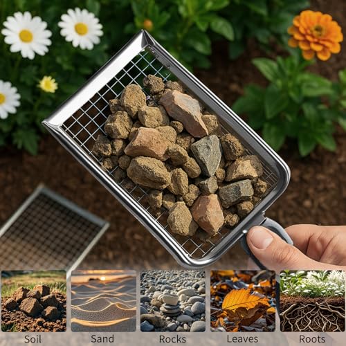 2 PCS 2-in-1 Gardening Soil Sifter Set with 2/2.8mm Mesh, Garden Sieve & Shovel Sifter Screen Potting Scoop for Sand, Dirt, Rock Compost, Stainless Steel & Ergonomic Handle (2 Count)