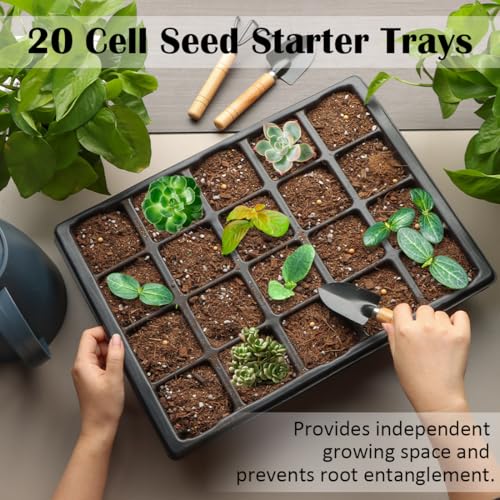 10 Pack 2.5 inch Square Pots 3.5 inch Deep 20 Cell Seedling Plug Trays with Water Collection Nursery Trays (20 Cell Plug Trays + Flat Trays-10P)