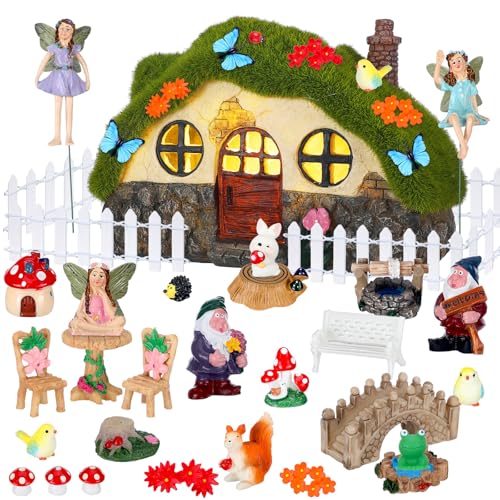 50 Pcs Solar Fairy House Garden Accessories Light up Flocked Fairy House Garden Kit Green Resin Miniature Mushroom Figures Micro Landscape Ornament (50 Count)