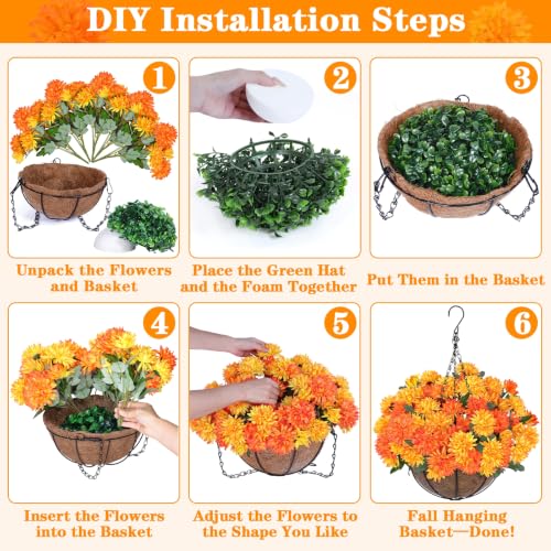 2 Sets Artificial Faux Fall Mums Hanging Flowers Plants Basket for Outdoor Decor (Orange)