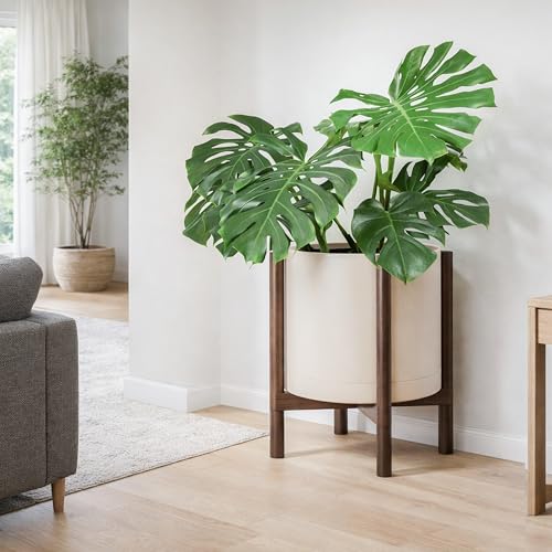 Plastic Pot with Walnut Wood Stand (Oatmeal Pot + Walnut Color Stand / 16 Inch)