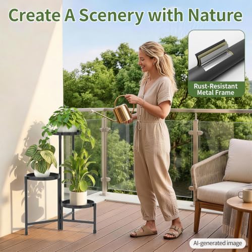 Plant Stand Indoor with 10 Inch Large Metal Tray (Solid Black / 3 Tier)