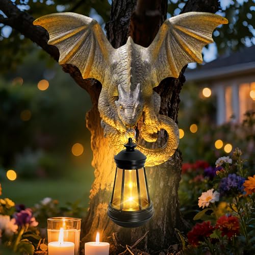 Solar Dragon Tree Hugger Garden Statue (Stone Grey - Dragon with Lantern)