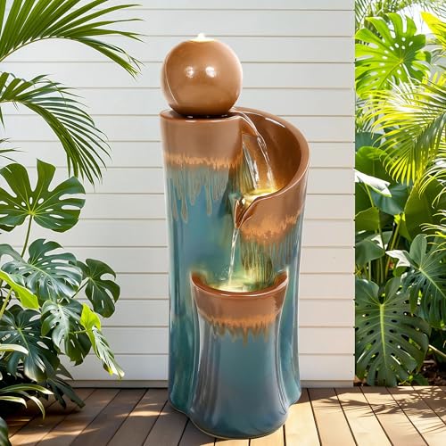 32" Ceramic Outdoor Water Fountain w (Teal & Copper Drip Glaze 32"h-sphere)