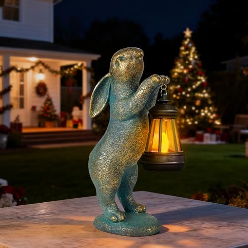 Garden Statues Rabbit with Solar Lantern Outdoor Bunny Decoration