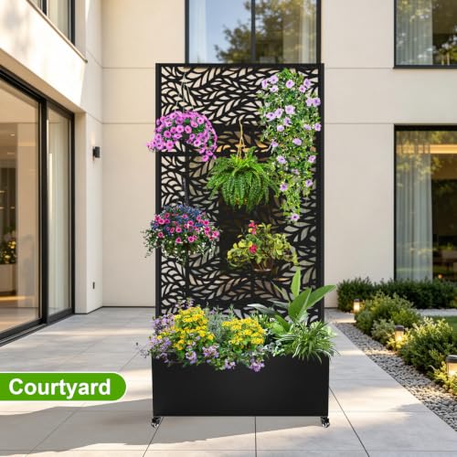 Metal Planter Box with Trellis (Black Leaf-shaped / 72"x35"x16")