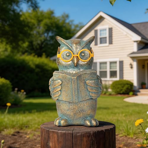 Reading Owl Statue with Solar Glasses Garden Decor Gift for Women (Owl)