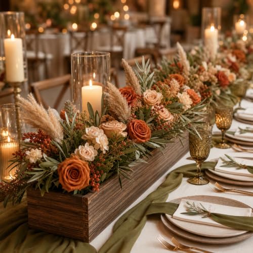 1 Set Wood Boxes for Centerpieces 34x5 Inch Rectangle Wooden Planter Box Rustic Wooden Planter with Removable Plastic Liner Floral Foam Block for Christmas Wedding Home Garden Decor (34 x 5 Inch / Dark Brown)