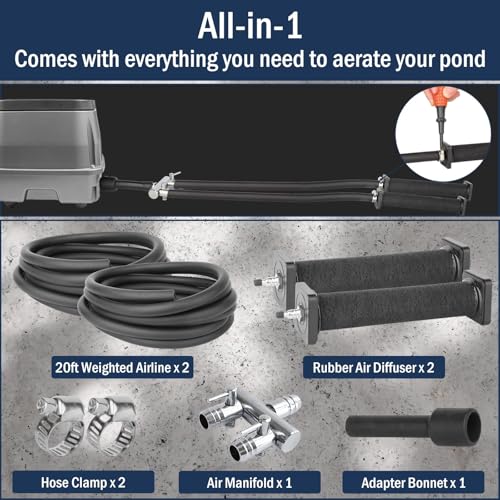 All-in-1 Koi Pond Aeration Kit Pond Air Pump with Self-Sinking Airline Rubber Air Diffuser, Air Flow Control Pond Aerator for Outdoor Pond 10,000-15,000 Gallons