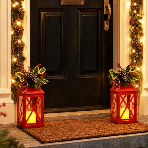 Christmas Lanterns 2 Pack 12'' Red Metal with Candle Holiday Decor