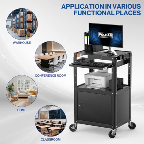 AV Cart Adjustable Height Rolling Computer Cart with Locking Cabinet (Large with Cabinet)