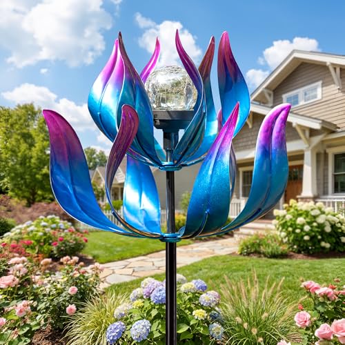 Solar Wind Spinner with Crackle Glass Ball (Blue Bloom Design)