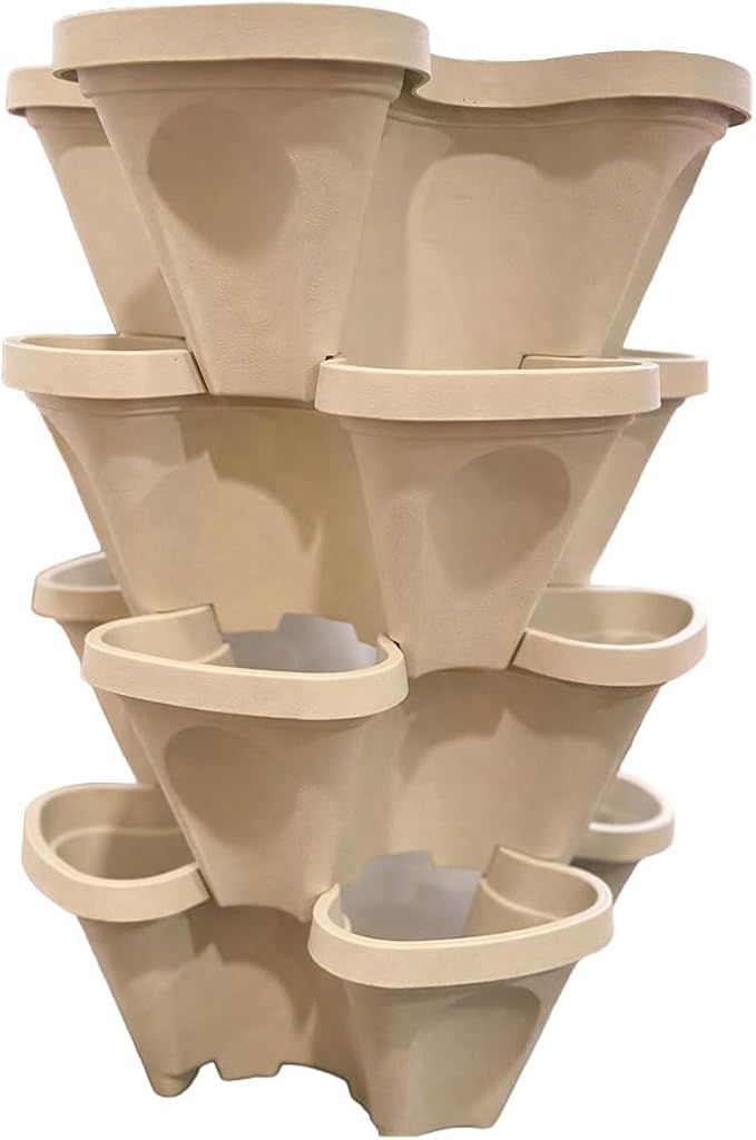 Vertical Garden Planter 4 Tier Stackable System 16 Plants, Space Saving Herb, Strawberry & Food Crop Planter with Center Support Hole for Indoor Outdoor Gardening (4, Desert Sand, Small)