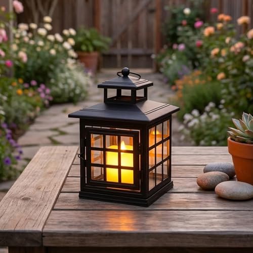 Set of 2 Decorative Candle Lantern 12'' high Metal Candle Holder Hanging Lantern Perfect for Home Decor Halloween Living Room Parties Events Tabletop Indoors Outdoors (Black1)