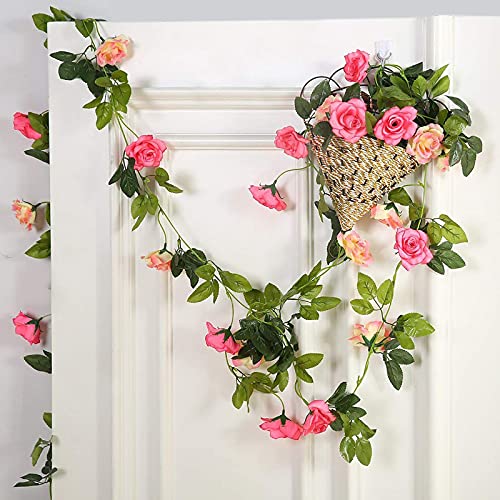 Artificial Rose Garland Vines Pink Flowers Hanging Silk Rose Vine for Wedding Home Office Arch Arrangement Decoration 7.6FT (2 Count)