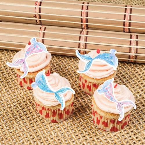 60Pcs Edible Colorful Mermaid Tails Cupcake Toppers Mermaid Cupcake Picks for Under The Sea Party Decoration Baby Shower Girls Mermaids Birthday Ocean Theme Bridal Shower Wedding Supplies (Blue Pink Purple)