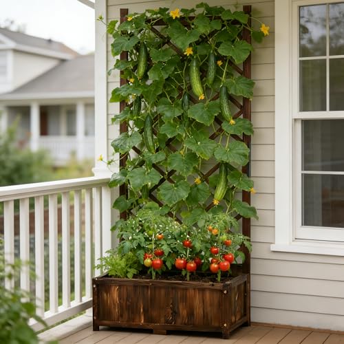 Raised Garden Bed with Trellis Wooden Flower Standing Planter Box Outdoor Wood Lattice Panels Privacy Screen for Climbing Plant Planting Patio Tomato Vegetable Herb Balcony Porch 67" H