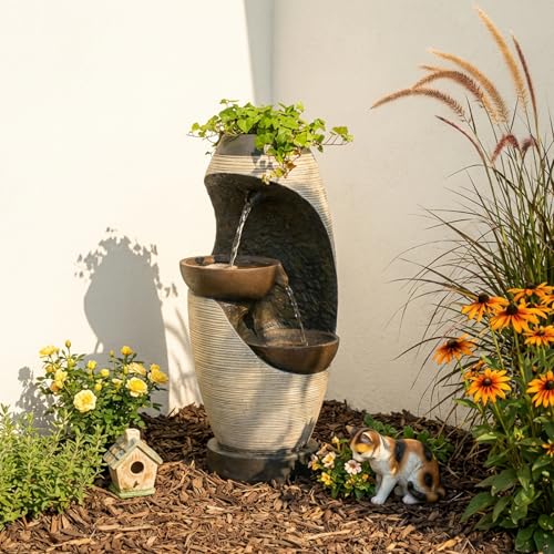 2 Tier Bowl Water Fountain with LED Lights (Beige-27.95")