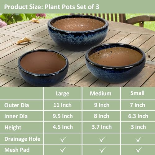 11 9 7 Inch Succulent Pot with Drainage and Mesh Pads Large Round Ceramic Plant Pot for Indoor Outdoor Plants Succulent Planter Cactus Bonsai Pot Container Set of 3 (3 Count)