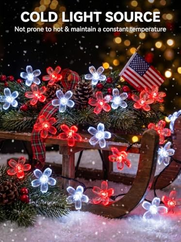 Solar Flower String Lights Outdoor Waterproof 50 LED Fairy Lights (Red&White / 1 Pack)