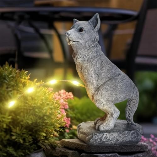Funny Dog Solar Garden Statue with LED Light Stream Outdoor Yard Lawn Decor
