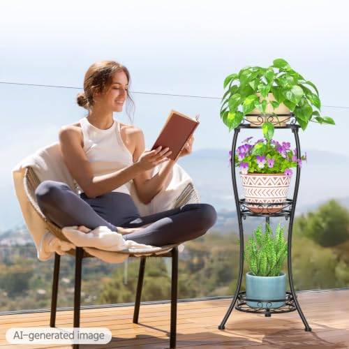 3 Tiers Metal Corner Plant Flower Stand Tall Indoor Outdoor (Classic Black / 3 Tier)