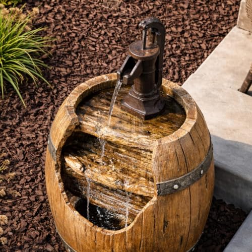 Vintage Barrel Waterfall Fountain with Pump for Outdoor Patio Garden Backyard Decking (Dark Wood)