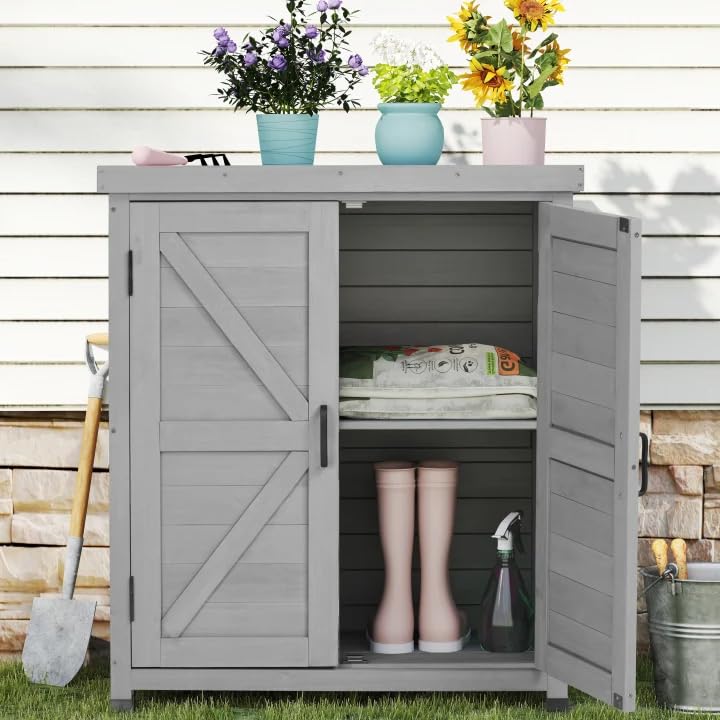 Outdoor Storage Cabinet & Potting Bench Table with Metal Top
