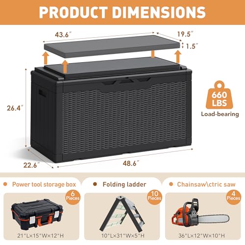 100 Gallon Resin Deck Box Large Outdoor Storage Boxes with Cushions for Garden Tools