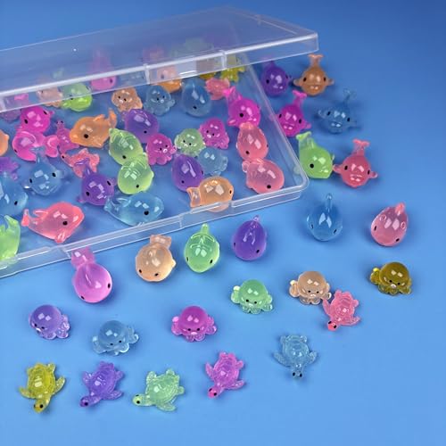 Mini Resin Ocean Animals to Hide 72 PCS Luminous Tiny Miniature Figurines Bulk Glow in The Dark Include Little Octopus Small Turtle Dolphin Fish for Aquarium Garden Micro Landscape (72 Count)