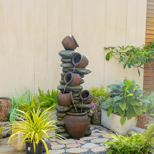 5 Jug Rock Outdoor Water Fountain with LEDs (Largebrown60''h)