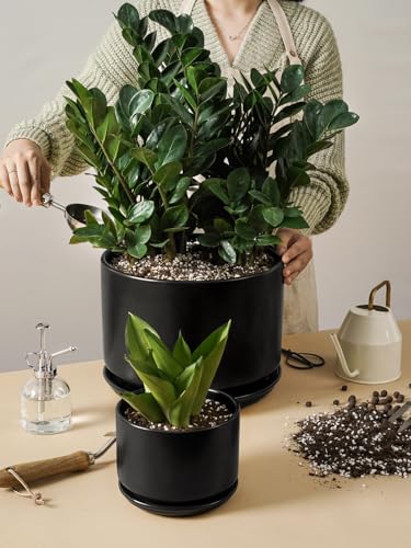 10 + 12 Inch Ceramic Plant Pots (Black / 10"+12")