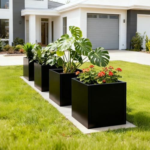 Galvanized Steel Planter Box Black Metal Planter Large Square 32Inch Indoor Outdoor Planters Cube Steel Heavy Duty Flower Pot Powder Coating Modern Commercial Residential for Patio