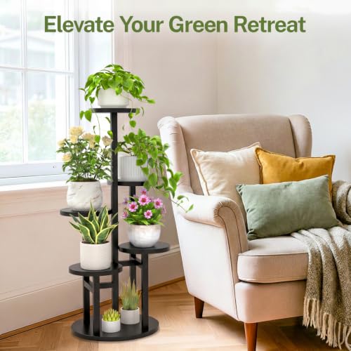 5 Tier Wood Plant Stand Indoor Outdoor Corner Tall Shelf (Pine Black / 5 Tiers)
