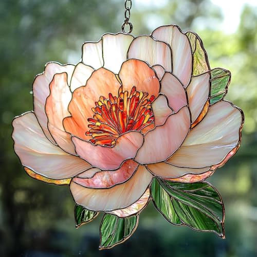 Peony Birth Flower Acrylic Suncatcher Faux Stained Glass Window Hanging Birthday Gift Floral Gift for Plant Lovers (1-fba-cvm-evg-a95-q / 8")